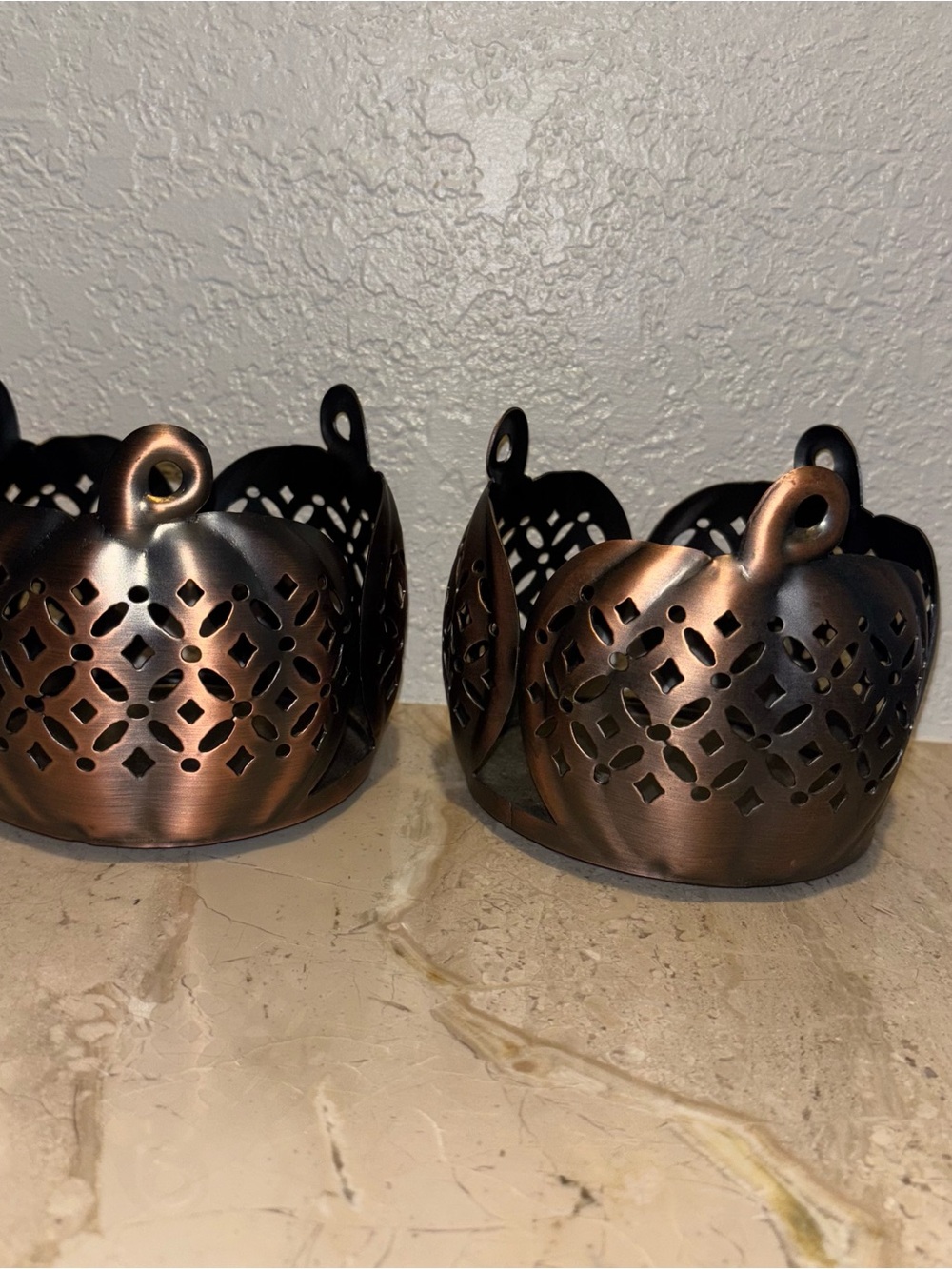 Bath and Body Works 2 Halloween Fall Pumpkin 3 Wick Candle Holders Sleeve Bronze